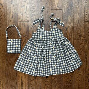 Baby Gingham Daisy Sundress w/ Matching Purse Handmade Set Cotton 12M Adjustable